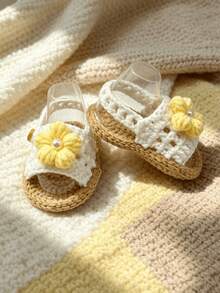 1 Pair Handmade Crochet Infant Sandals, White Flower With Pearl Decoration, Infant Shoes - Yellow - View 5