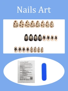 24片短橢圓穿戴甲，黑色與豹紋星星美甲設計，復古亮面全覆蓋，適合女性與女孩，Y2K日常穿戴，派對與約會，秋冬風格 - 彩色 - 查看 2
