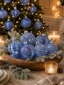 12PCS Assorted Transparent Christmas Hanging Ornaments, 6 Styles Blue Glitter Hanging Balls, Exquisite Transparent Christmas Tree Decorations, Suitable For Christmas Party, Home Decor, Winter Celebration, Gift Box And Holiday Season Decoration Set - Blue - View 1