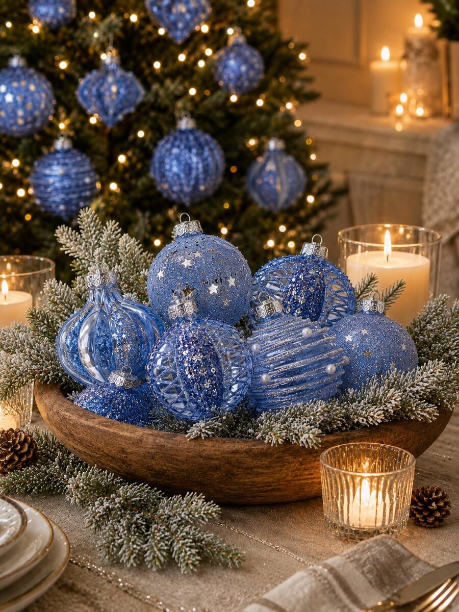 12PCS Assorted Transparent Christmas Hanging Ornaments, 6 Styles Blue Glitter Hanging Balls, Exquisite Transparent Christmas Tree Decorations, Suitable For Christmas Party, Home Decor, Winter Celebration, Gift Box And Holiday Season Decoration Set - Blue - View 1