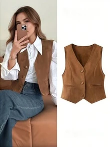 Rompi Blazer Vintage dengan Pinggang Ramping, Kantong Tempel Simetris, Atasan Tanpa Lengan Berkerah V dengan Kancing Tunggal - Coklat - View 1