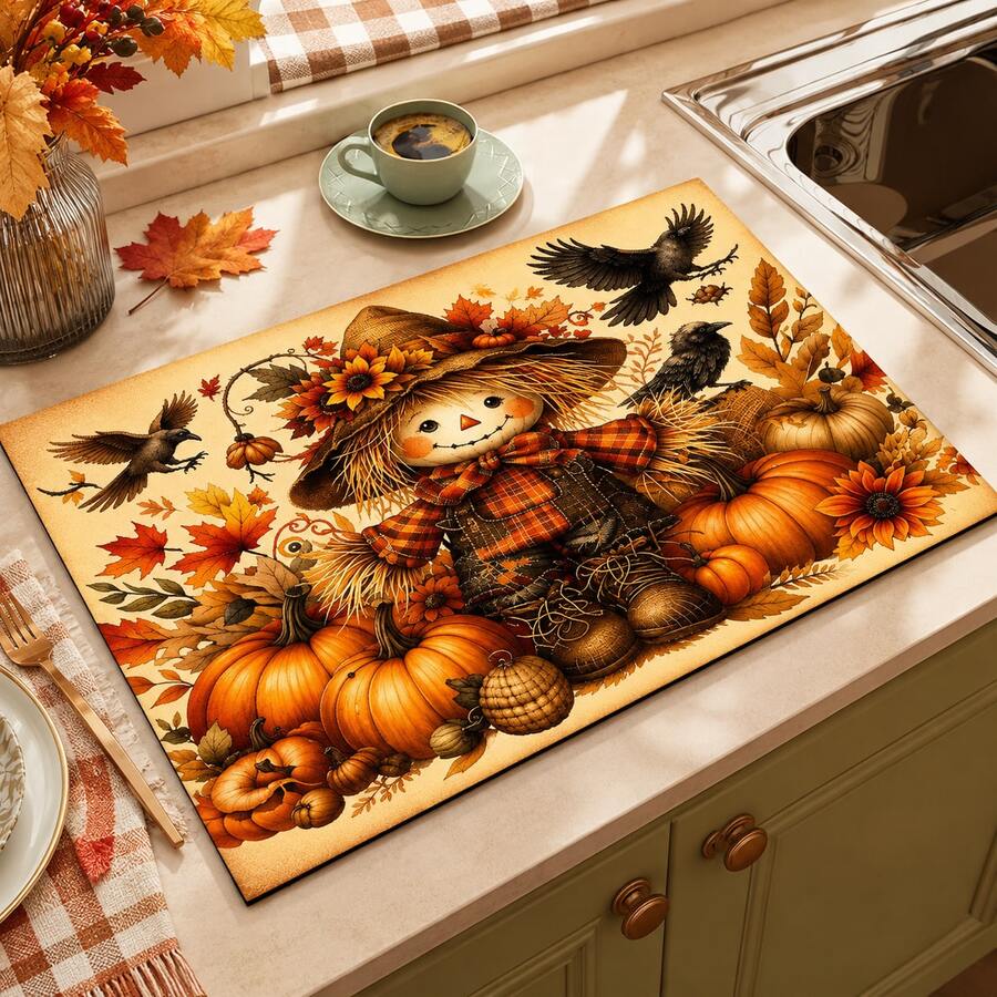 Autumn Scarecrow Print Pattern Drainage Mat/Absorbent Mat/Drying Mat For Coffee Machine And Tableware - Absorbent Polyester Desktop Protector With Rubber Non-Slip Backing, For Kitchen Countertop Decoration - Home Bar And Dining Table Placemat - Multicolor - View 1