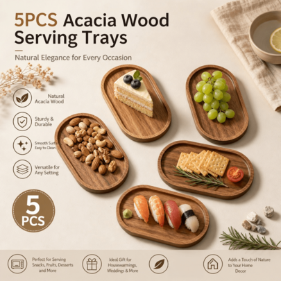 5pcs/Set Oval Acacia Wood Serving Trays, Natural Solid Wood Material, Natural Wood Grain, Smooth Polished Edges, Durable And Crack-Resistant. Suitable For Nuts, Fruits, Desserts, Sushi, Snacks, Home Gatherings, Party Platters, Also Used For Jewelry, Aromatherapy, Cosmetic Storage. Smooth Surface Easy To Clean, Minimalist Natural Wood Texture, Versatile For Kitchen, Dining Table, Vanity Table.