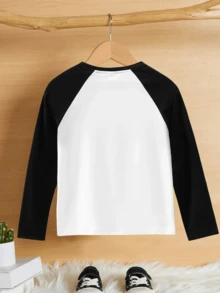 Big Boys Round Neck Long Sleeve Printed Top, Black And White Color Block Raglan Sleeve Design, Suitable For Autumn/Winter - Black and White - View 3