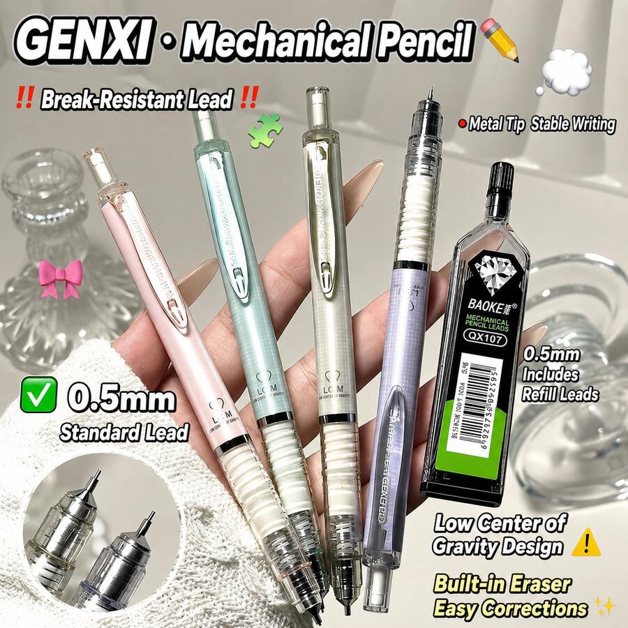 1pc Low Center Of Gravity Automatic Pencil, 2B Anti-Break Metal Tip Stable Writing Student Exam Drawing Sketching Calligraphy Practice Pencil Lead - 2B - View 1