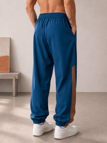 1 buah Celana Jogger Tenun Pria Musim Gugur, Garis Samping Blok Warna, Pinggang Bertali, Celana Olahraga Longgar, Gaya Streetwear - Navy Blue - View 2