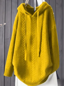 Plus Size Women Hooded Cable Knit Sweater, Yellow Drawstring Long Sleeve Loose Fall Outfit - Turmeric - View 5