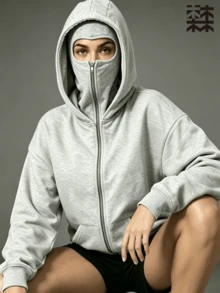 mulinsen 女款連帽一體式貝雷帽拉鍊運動衫，全拉鍊袋鼠口袋寬鬆長袖運動外套，街頭風 - 淺灰色 - 查看 7