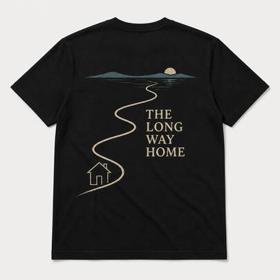 Men's Black Graphic Tee, The Long Way Home Statement Print, Short Sleeve Crew Neck T-Shirt For Casual Everyday Styling
