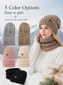 Cable-Knit Hat Set; Crafted From Soft, Stretchy Knit Fabric And Featuring Ear Flaps And A Plush Lining For Wind Protection And Warmth. Designed For Cycling, Skiing, And Winter Outdoor Activities; One Size Fits All. - Multicolor - View 1