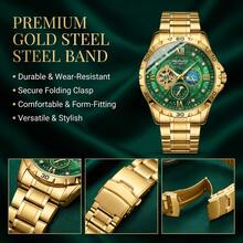 1pc Men's Yellow Angular Case Green Starry Sky Dial Moon Phase & Star Multi-Window Display Luxury Automatic Tourbillon Mechanical Wristwatch - Mouldless - View 4