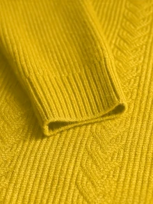 Plus Size Women Hooded Cable Knit Sweater, Yellow Drawstring Long Sleeve Loose Fall Outfit - Turmeric - View 6