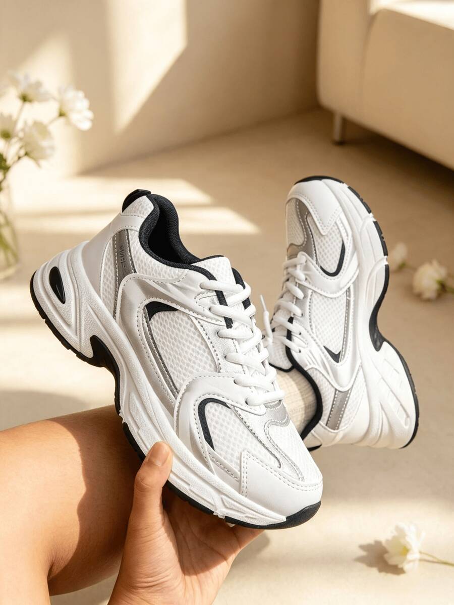 Sodalemon New Women's Casual Sports Shoes Preppy Style Chunky Sneakers Shoes White Sneakers Couple Style Round Toe Lace-Up Mesh Dual-Tone Breathable Versatile Deep Cut Fashion Print Graffiti College Style Student Shoes Outdoor Hiking Casual Shoes Commuter Shoes Runs Small One Size