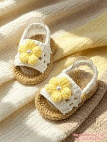 1 Pair Handmade Crochet Infant Sandals, White Flower With Pearl Decoration, Infant Shoes - Yellow - View 1