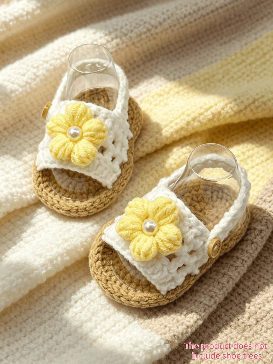 1 Pair Handmade Crochet Infant Sandals, White Flower With Pearl Decoration, Infant Shoes - Yellow - View 1