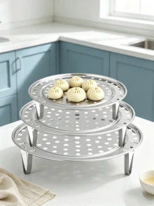 Stainless Steel Steamer Basket 3-Piece Set, Stackable With Removable Feet, Sizes 18/20/22 Cm, Versatile Accessory For Household Pots And Pressure Cookers - Silver - View 1