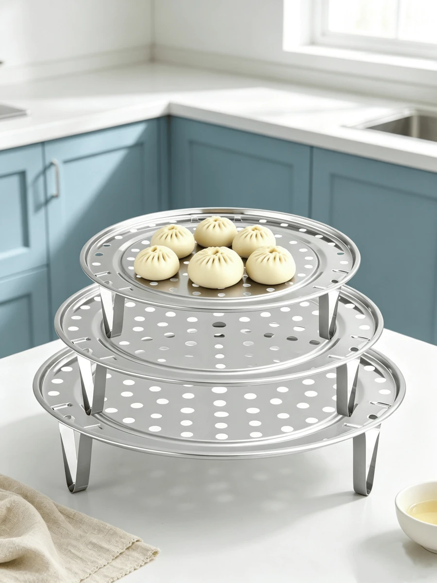 Stainless Steel Steamer Basket 3-Piece Set, Stackable With Removable Feet, Sizes 18/20/22 Cm, Versatile Accessory For Household Pots And Pressure Cookers - Silver - View 1