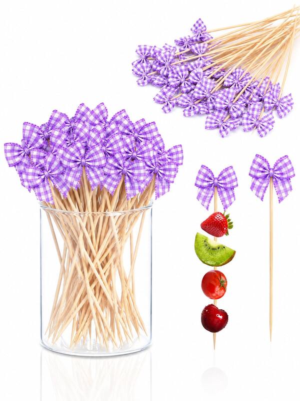 Purple Plaid Bow Cocktail Picks, Decorative Fruit Skewers With Cute Plaid Ribbon Design, Suitable For Appetizers, Drinks, Cupcakes, Party Table, Wedding, Birthday, Halloween Dessert Display, Horror Party, Haunted House Decoration And Party Events