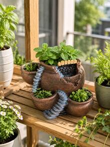 Resin Multi‑Pot Plant Planter With Stairway Design, Broken Pot Style Flower Container, Outdoor Patio Yard Balcony Tabletop Ornament, For Succulent Herb Planting Garden Backyard Landscape Display Decoration - Flower Pot - View 8