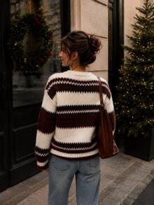 Women's Burgundy Stripe Knitted Drop Shoulder Sweater, Long Sleeve Round Neck Relaxed Fit Top For Winter And Fall Red - Red - View 2