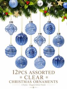 12PCS Assorted Transparent Christmas Hanging Ornaments, 6 Styles Blue Glitter Hanging Balls, Exquisite Transparent Christmas Tree Decorations, Suitable For Christmas Party, Home Decor, Winter Celebration, Gift Box And Holiday Season Decoration Set - Blue - View 2