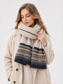 1pc Fair Isle Jacquard Blue Knit Scarf For Women, Winter Atmosphere Versatile Thick Warm Cold-Proof Neck Warmer Suitable For Autumn/Winter Daily Wear - Multicolor - View 3