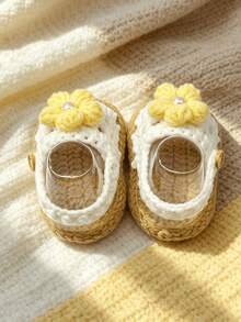 1 Pair Handmade Crochet Infant Sandals, White Flower With Pearl Decoration, Infant Shoes - Yellow - View 6
