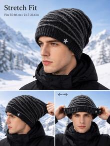 Winter Loose Knit Beanie, Oversized Design, Ribbed Brim With Textured Stripe Details, Comfortable Warm Headwear, Thick Cold-Proof Hat, Unisex, Suitable For Outdoor Hiking, Skiing, Travel, Commuting Seasonal Wear - Multicolor - View 6