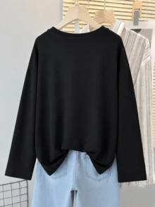 Plus Size V‑Neck Long Sleeve Tee, Boo Ghost Pumpkin Owl Halloween Print Loose Casual Top For Curvy Women - Black - View 2