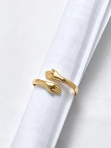 1 pieza Anillo grueso ajustable de acero inoxidable enchapado en oro de 18K con diseño de palma abierta para mujeres - Plateado - Ver 5
