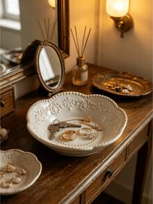 1pc Vintage Embossed Jewelry Storage Decorative Tray, 4.25 Inch, European Retro Distressed Ceramic Dish, Vanity Ring & Earring Storage Display Plate, Home Interior Decor, Daily Use & Gift Item - Multi-color 11 - View 3