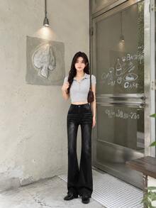YEAE 女款黑色丹寧喇叭牛仔褲，休閒長版無彈力牛仔褲，附鈕扣口袋與拉鍊細節 - 黑色 - 查看 4