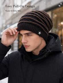 Winter Loose Knit Beanie, Oversized Design, Ribbed Brim With Textured Stripe Details, Comfortable Warm Headwear, Thick Cold-Proof Hat, Unisex, Suitable For Outdoor Hiking, Skiing, Travel, Commuting Seasonal Wear - Multicolor - View 7