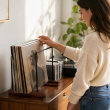 Vintage Vinyl Record Storage Rack, Wood & Steel Desktop Record Holder Stand With Adjustable Slots, Non-Slip Base LP Album Display Organizer For CD Records Collection - Brown - View 4