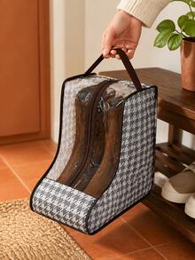 1pc Houndstooth Shoe & Boot Storage Bag In 3 Sizes, Non-Woven Fabric & PVC Material, Dustproof Zipper Organizer With Transparent Window & Handle For Tall Boots, Ankle Boots, Heels & Sneakers, Space-Saving Living Room Home Decor For Closet & Entryway - Multicolor - View 4