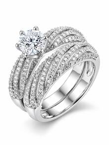 2Pcs Bridal Wedding Ring Set, Round 6 Prong Engagement Ring, Twisted Pave Stackable Silver Plated Rings For Women Anniversary Gift - Silver - View 13