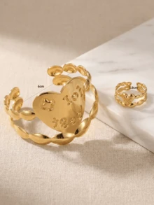 2pcs Gold Chain Engraved Heart-Shaped Open Bangle & Ring Set, Adjustable Women's Jewelry - Gold - View 4