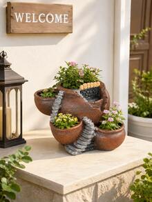 Resin Multi‑Pot Plant Planter With Stairway Design, Broken Pot Style Flower Container, Outdoor Patio Yard Balcony Tabletop Ornament, For Succulent Herb Planting Garden Backyard Landscape Display Decoration - Flower Pot - View 9