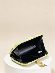 1pc Luxury Green Marble Texture Box Clutch With Gold Leaf Decor Frame Hard Shell Evening Bag, Luxury Mini Shoulder Bag For Formal Dresses - Yellow - View 3