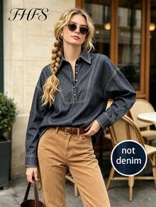 Women's Vintage Washed Dark Gray Woven Fabric Shirt Collar Top, Button Detail, Dropped Shoulder Long Sleeve, Suitable For Autumn Wear - Navy Blue - View 3