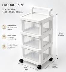 3-Tier Transparent Drawer Storage Cart With Removable Handle And 360° Swivel Wheels, 3 Colors Available, Rolling Organizer Cart With Clear Pull-Out Drawers For Bathroom, Kitchen, Bedroom, Office, Laundry Room And Home Storage - White - View 2