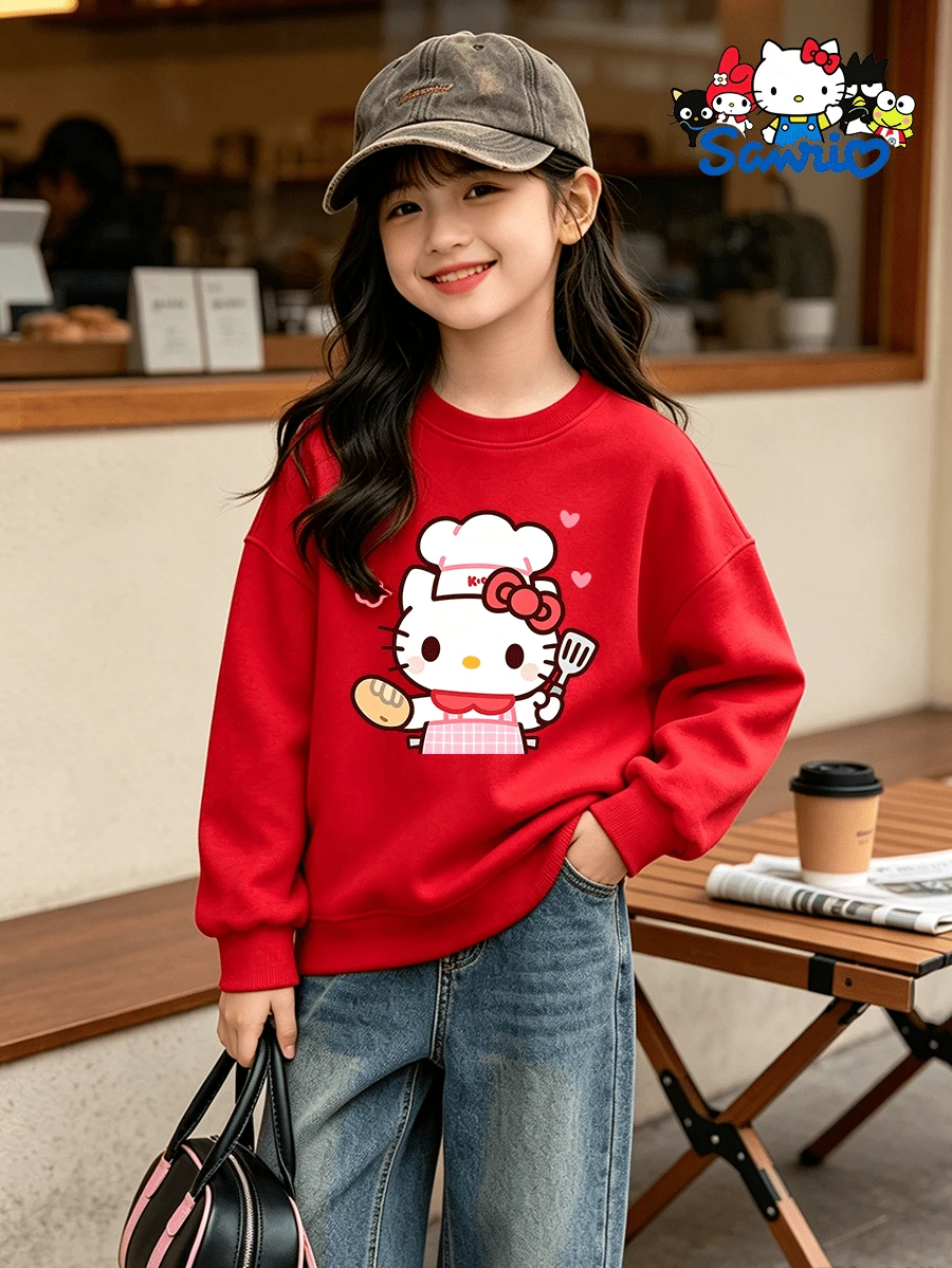 Hello Kitty Chef's Gourmet Printed Girls' Round Neck Hoodie, Girls' Casual Versatile Long Sleeve Hoodie, Campus Daily Dressing - Red - View 1