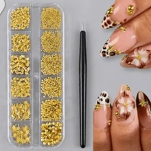 12-Grid Mixed 3D Metal Caviar Bead Nail Art Decoration Set (Stars & Metal Rivets), Cool Punk Y2K Style Rhinestone Nail Charms, Suitable For DIY Nail Art & Handmade Crafts - Gold - View 9