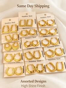 3/6/12 Pairs Random Style Gold Stainless Steel U-Shaped, Heart-Shaped And Round Oil-Pressed Earrings. Girls Elegant Earrings, Women's Earrings Set, Women's Jewelry Set, Hoop Earrings. - Gold - View 1