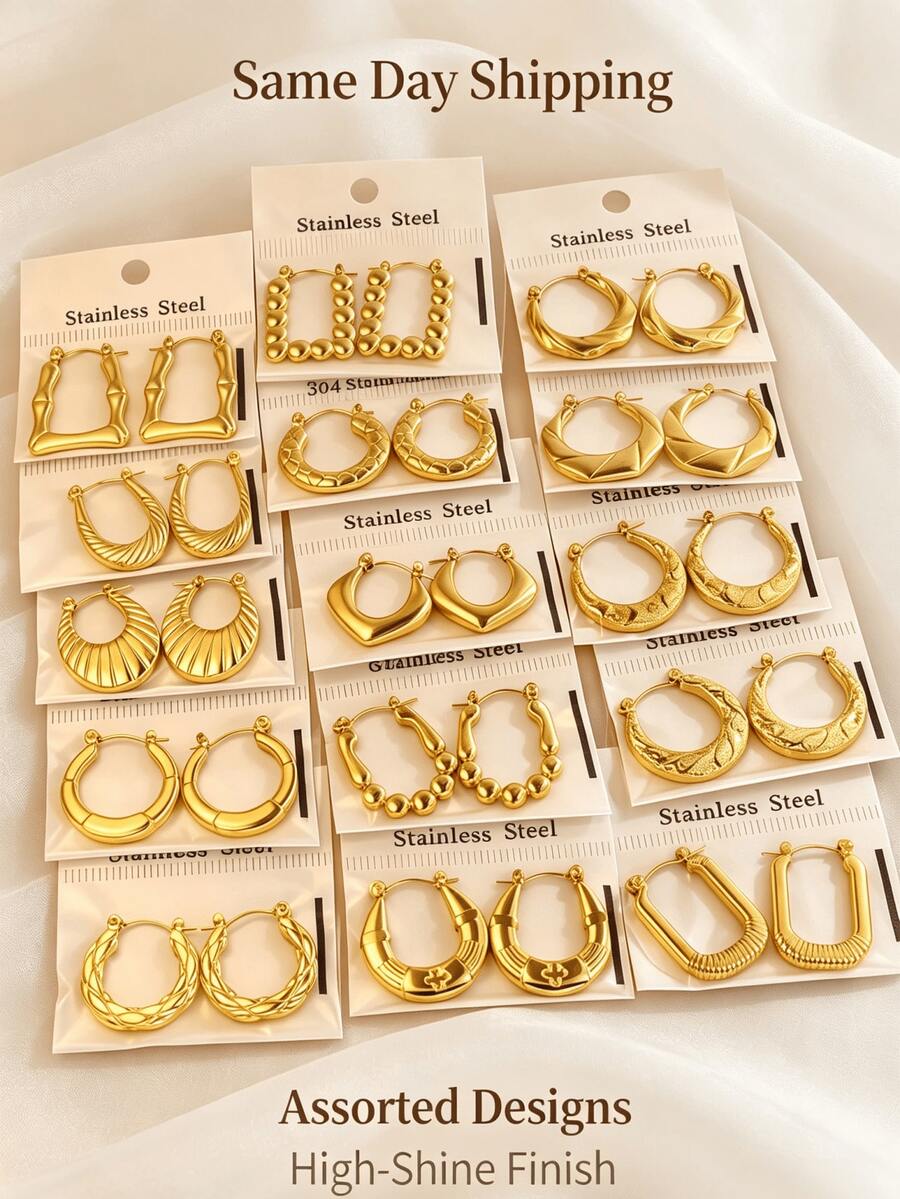 3/6/12 Pairs Random Style Gold Stainless Steel U-Shaped, Heart-Shaped And Round Oil-Pressed Earrings. Girls Elegant Earrings, Women's Earrings Set, Women's Jewelry Set, Hoop Earrings. - Gold - View 1