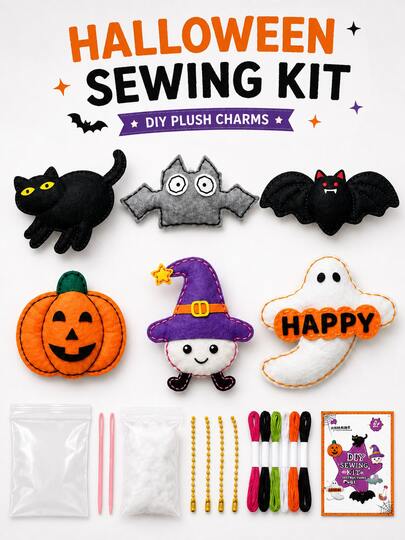 2set- Halloween DIY Sewing Kit, Includes Felt Fabric Ornament Making Set With Black Cat, Bat, Pumpkin, Witch Hat Characters And Ghost Pattern Designs. Product Includes Needles, Colored Threads, Stuffing, Ball Chains And Instruction Cards. Suitable For Beginners, Halloween Party, Gift Giving, Classroom Activities And Autumn Decoration Handmade Keychain Materials