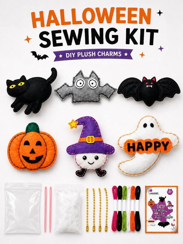 2 set - Perlengkapan Jahit DIY Halloween, Termasuk Set Pembuatan Ornamen Kain Felt dengan Karakter Kucing Hitam, Kelelawar, , Topi Penyihir, dan Desain Pola Hantu. Produk Termasuk Jarum, Benang Berwarna, Isian, Rantai Bola, dan Kartu Instruksi. Cocok untuk Pemula, Pesta Halloween, Pemberian Hadiah, Aktivitas Kelas, dan Bahan Gantungan Kunci Buatan Tangan untuk Dekorasi Musim Gugur.
