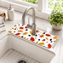 1pc Autumn Pattern Printed Diatomaceous Earth Faucet Water Absorbent Mat, Kitchen Sink Splash Guard, Washbasin Drip Tray, Countertop Water Collection Pad, Faucet Drip Collector, Suitable For Kitchen, Bathroom And Laundry Room - Multicolor - View 10