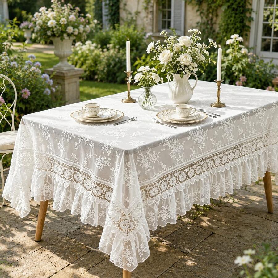 1pc Lace Embroidered Tablecloth, Scalloped Hem Decoration, Polyester Fabric, Floral Embroidery Pattern Tablecloth, Rectangular Square Tablecloth, Suitable For Dining Room Living Room Tabletop Decoration - White - View 1