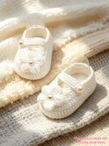 1 Pair Infant Christening Booties, White Pearl Knit Slippers, Infant Shoes - White - View 1